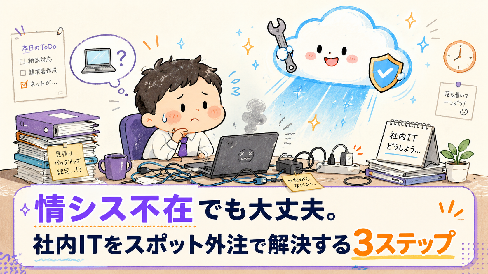 情シス不在の中小企業が社内IT運用をスポット外注で解決する3ステップ｜ネットワーク・ヘルプデスクを単発で頼む方法