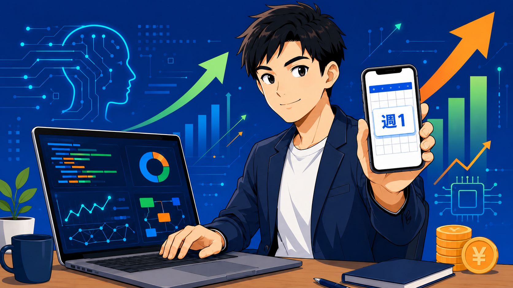本業エンジニアがAI副業で収入とスキルを同時に得るイメージ