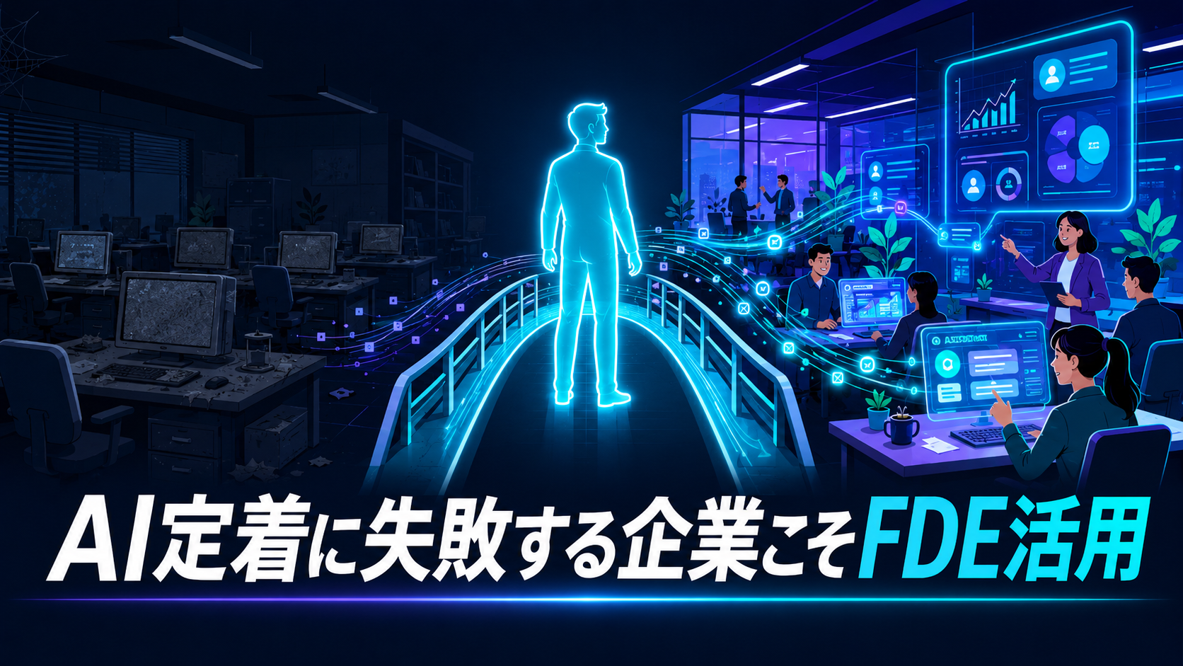 3Dレンダー風。医師の資格証明書PDFがAI-OCRスキャナーのビームでデータ化され、kintoneダッシュボードカードへ変換されていく。ロイヤルブルーとグリーンの照明。