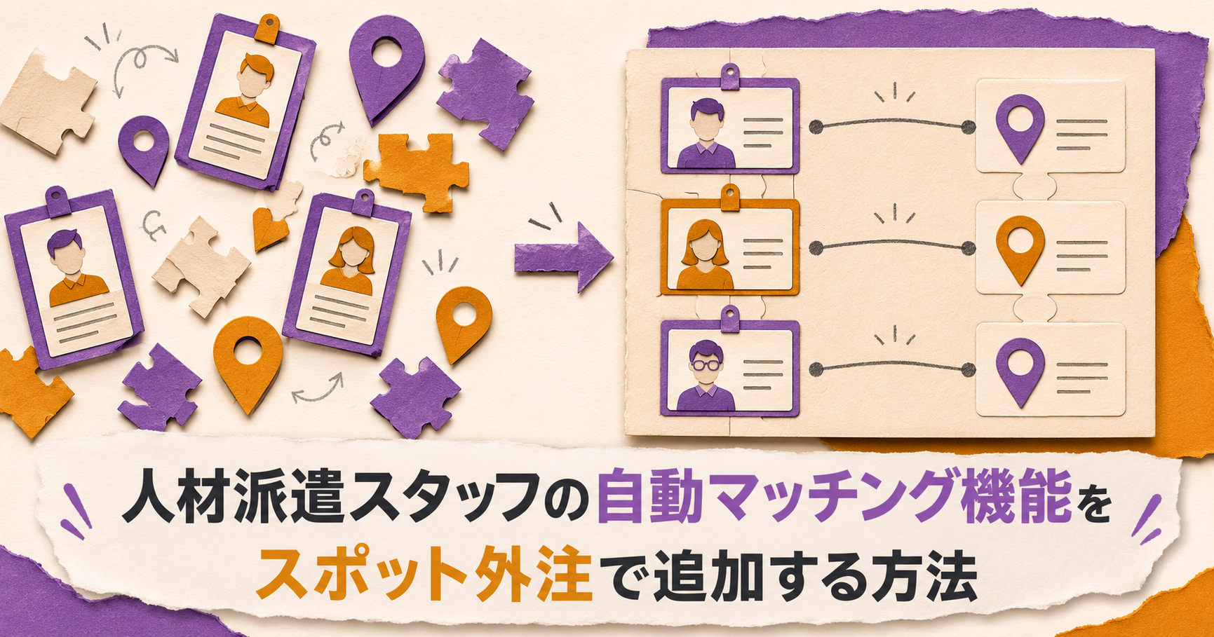 コラージュ風・切り紙スタイルのイラスト。カラフルな紙片がスタッフカードと勤務地カードに見立てられ、パズルのように組み合わさって最適なマッチングが完成していくシーン。ローズパープルとゴールドのアクセント。