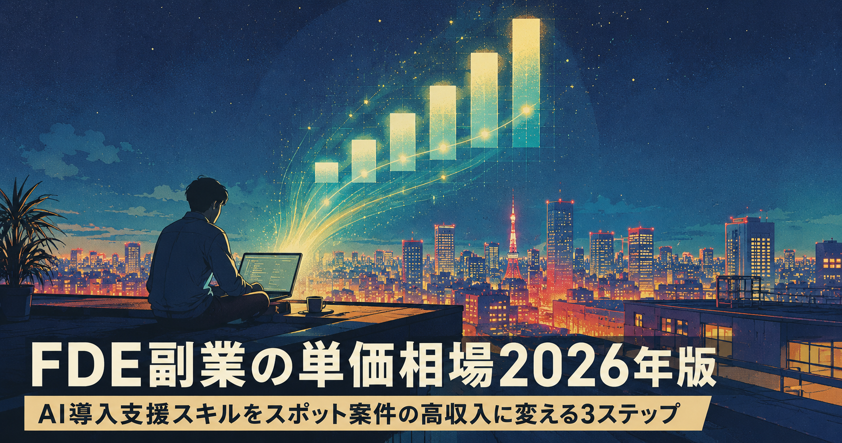 レトロ・シティポップ風のイラスト。昭和レトロなデスクに積まれた案件書類の山が、ターコイズとゴールデンイエローの光とともにデジタルダッシュボードへ変換されていくシーン。FDE副業の単価アップを表現。