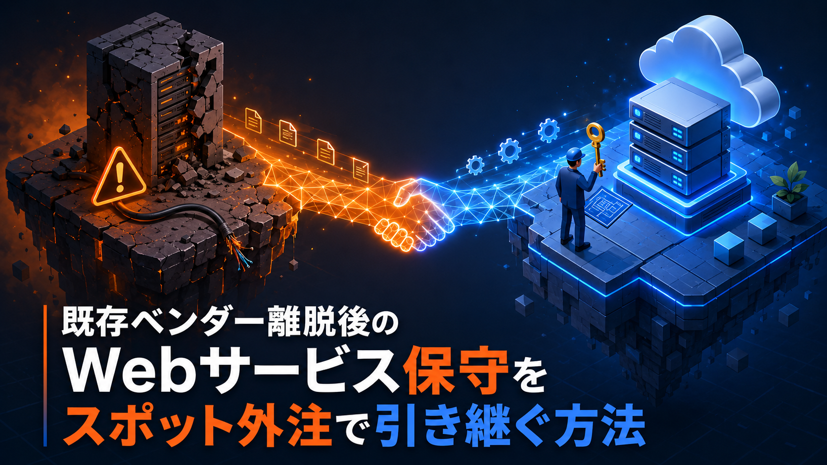 アイソメトリック風イラスト。旧ベンダーの建物から新しい引き継ぎ先へ、光るデータパイプラインとファイルアイコンが安全に橋渡しされているシーン。ディープオレンジとスレートブルーの配色。