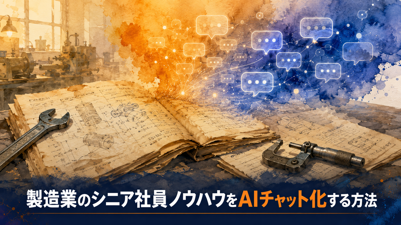 水彩風イラスト。製造業の工場作業台でシニア職人の手から知識の流れが描かれ、淡いコバルトブルーのチャットバブルへと変換されていく。温かみのある黄土色と錆色の水彩表現。
