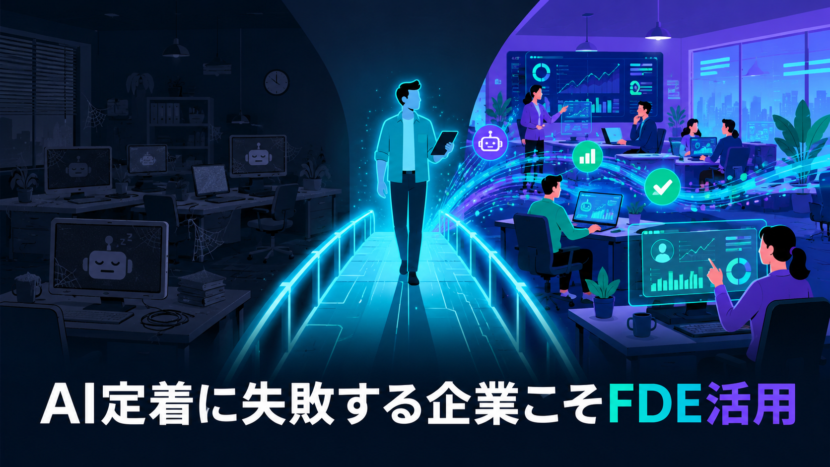 ベクター風イラスト。左側の「AI未活用ゾーン」（埃をかぶったAI端末・暗い画面）と右側の「AI活用ゾーン」（データストリームが流れ活気づく現場）を、シアン色に輝くFDEが橋渡しする構図。シアン#06B6D4とバイオレット#7C3AEDのベクター配色。