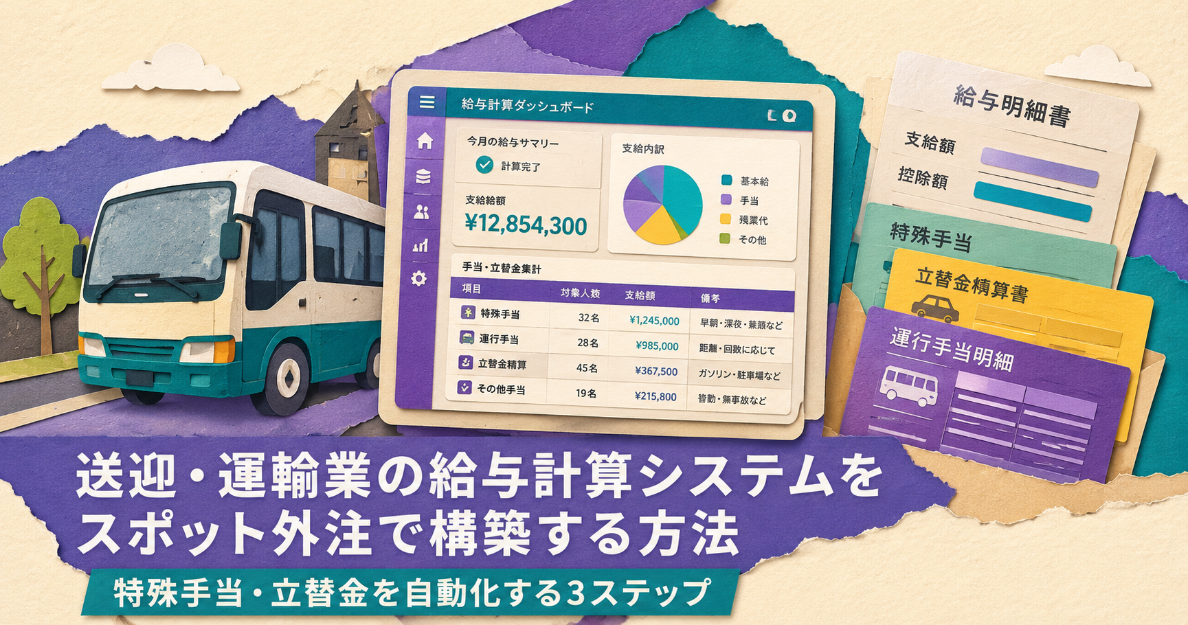 コラージュ風・ペーパークラフト風イラスト。紙で作った送迎バンと給与明細の切り紙が並び、重なる部分からローコードのデジタル画面が飛び出すポップな構図。パープル#7C3AEDとティール#0D9488配色。
