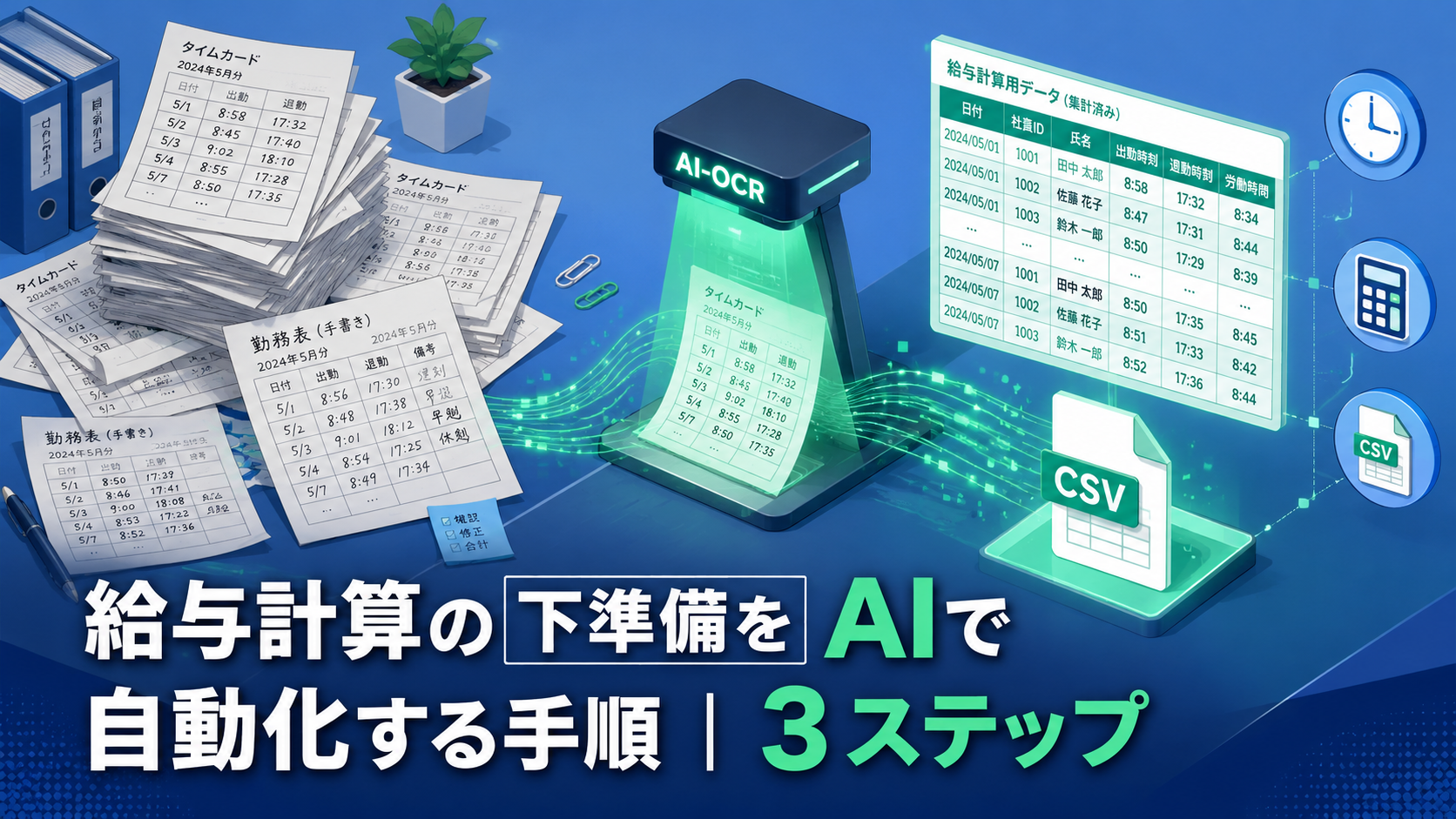 アイソメトリック風イラスト。紙タイムカードの束がAI-OCRスキャナーを通り、デジタルデータへ変換されて給与計算システムへ流れ込む構図。エメラルドグリーン#059669とスレートブルー#3B82F6の配色。