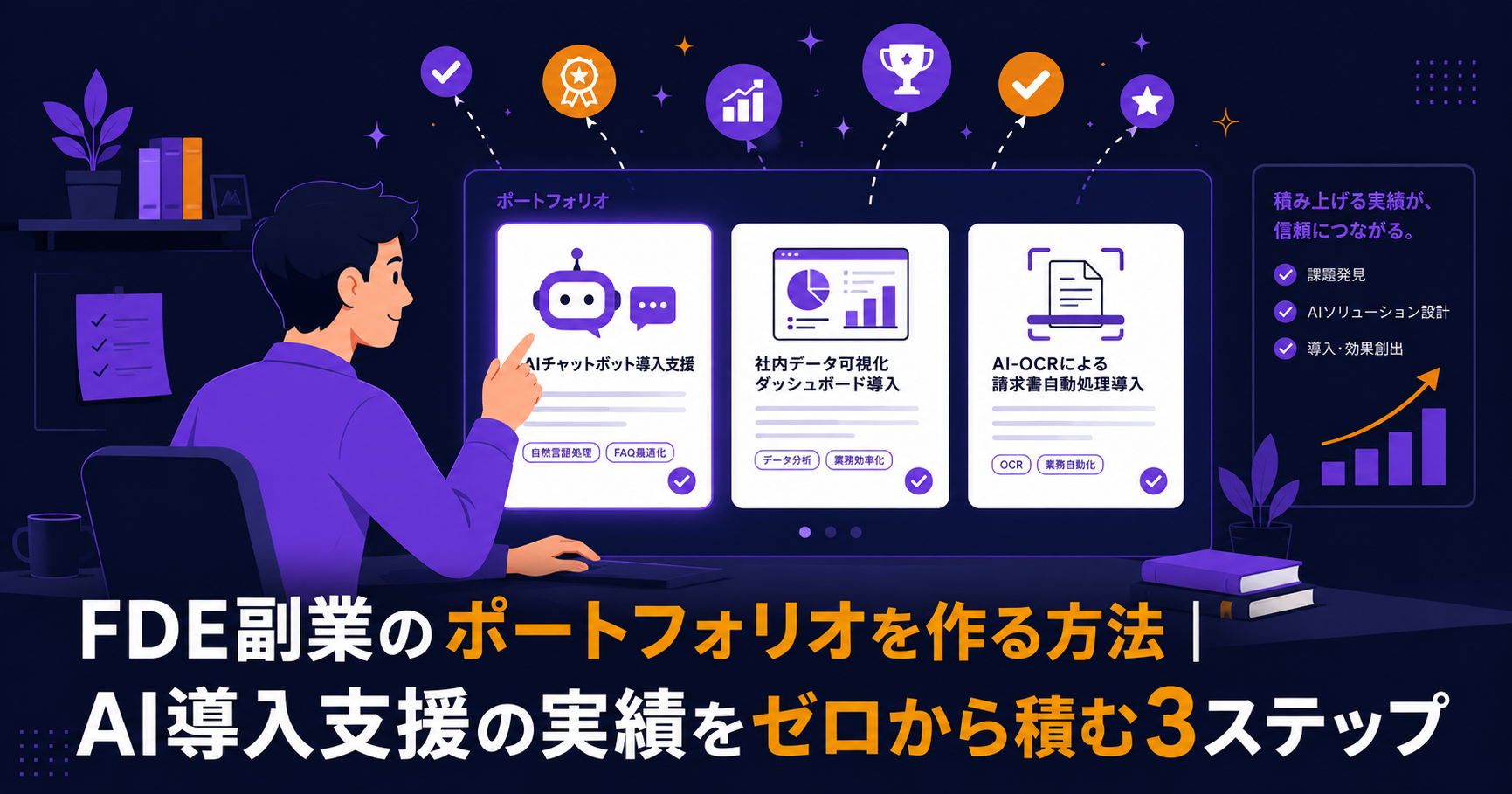 レトロ・シティポップ風イラスト。フリーランスエンジニアのデスクに業種ごとのクライアントフォルダが整然と並んだキャビネットと、マスタードゴールドに光るリピートマークのシーン。FDE副業の継続受注を表現。