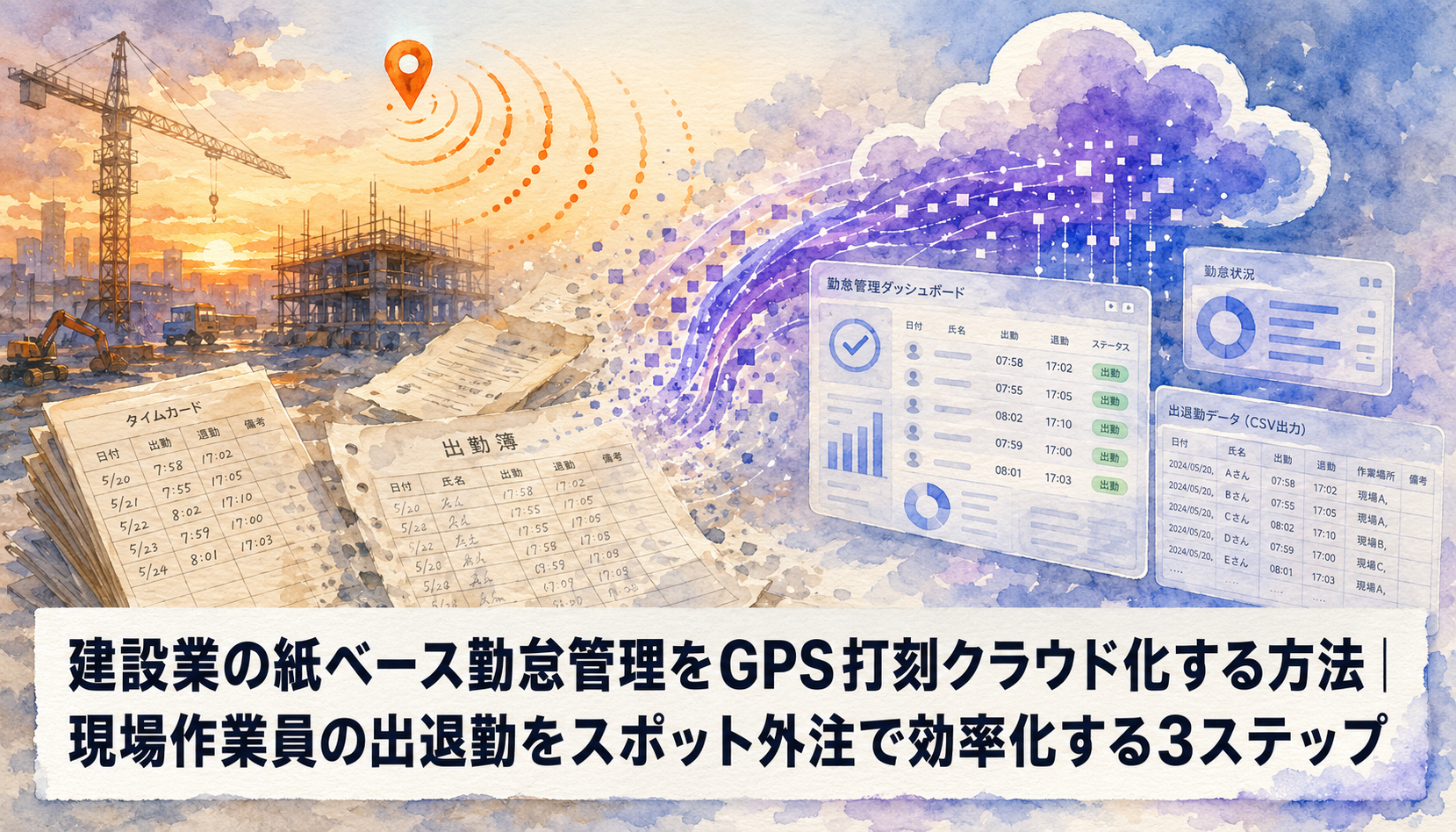 水彩風イラスト。建設現場の空に広がる水彩の朝焼けを背景に、スマートフォンから波紋状に広がるGPS信号がクラウドへつながる様子を表現。紙の勤怠帳からデジタルデータへの変革を象徴するシーン。