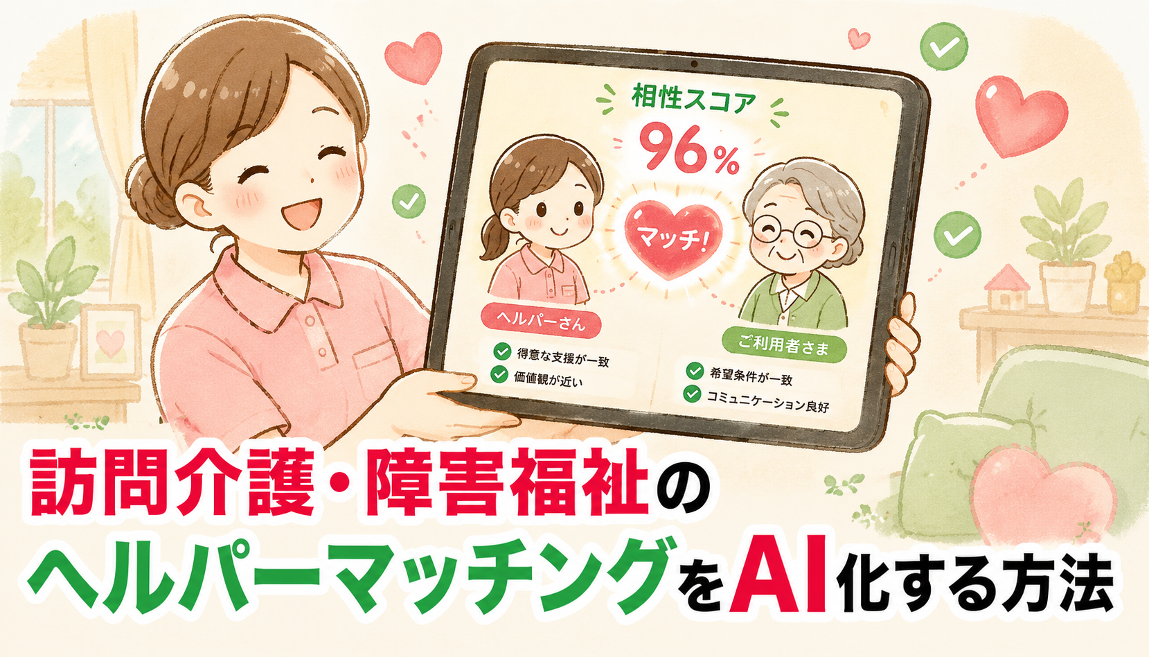 ゆる系イラスト。笑顔のヘルパーと利用者をつなぐAIが相性スコアを画面に表示しながらマッチングする様子を、温かみのある手描き風タッチで描いたイラスト。
