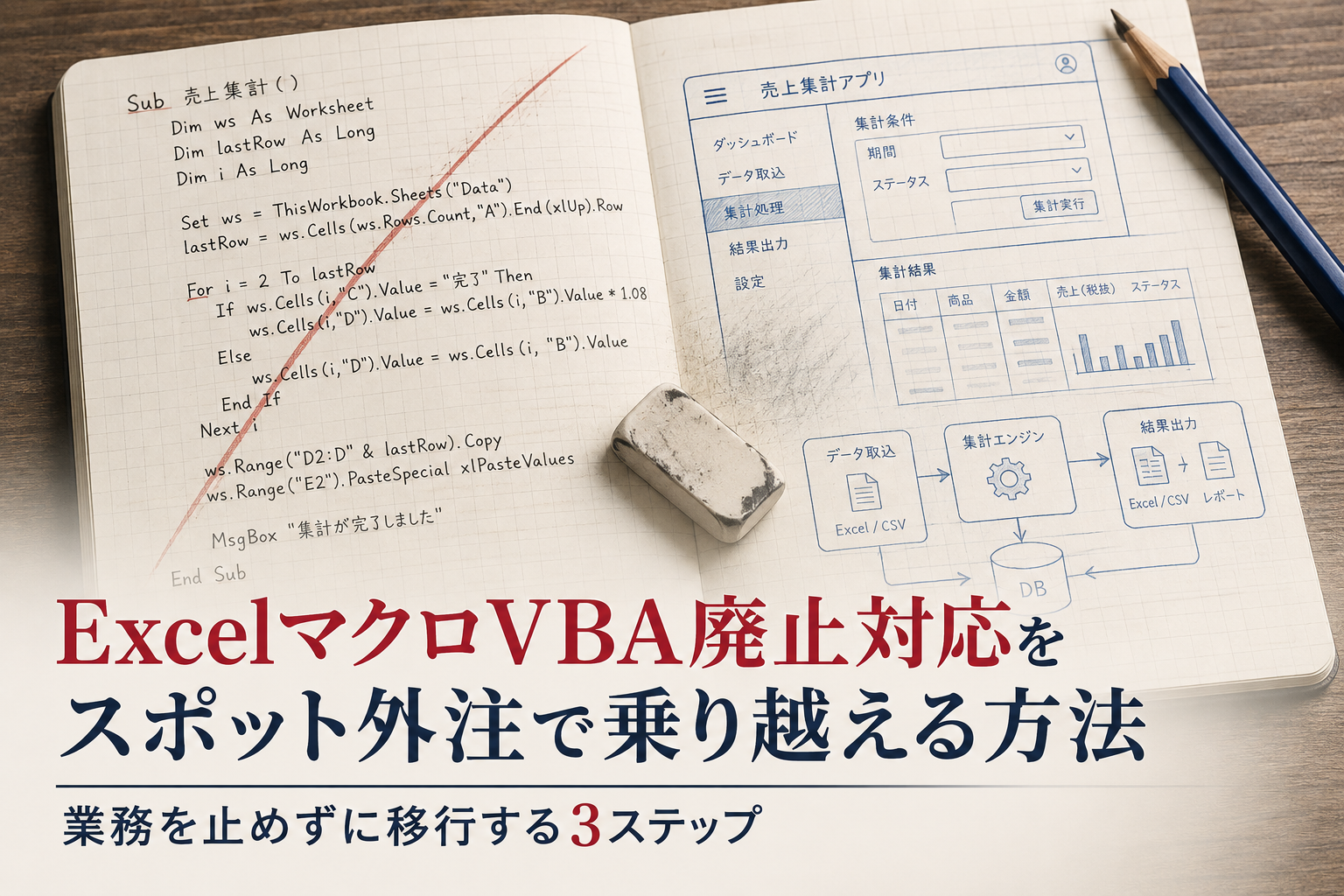 手書きスケッチ風のVBAマクロ移行イメージ
