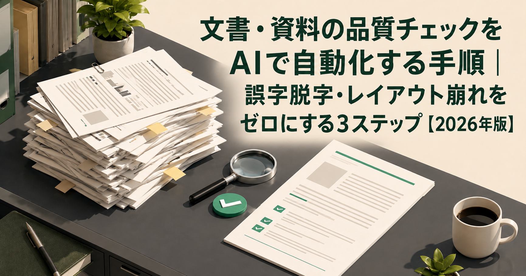 文書・資料の品質チェックをAIで自動化するイメージ