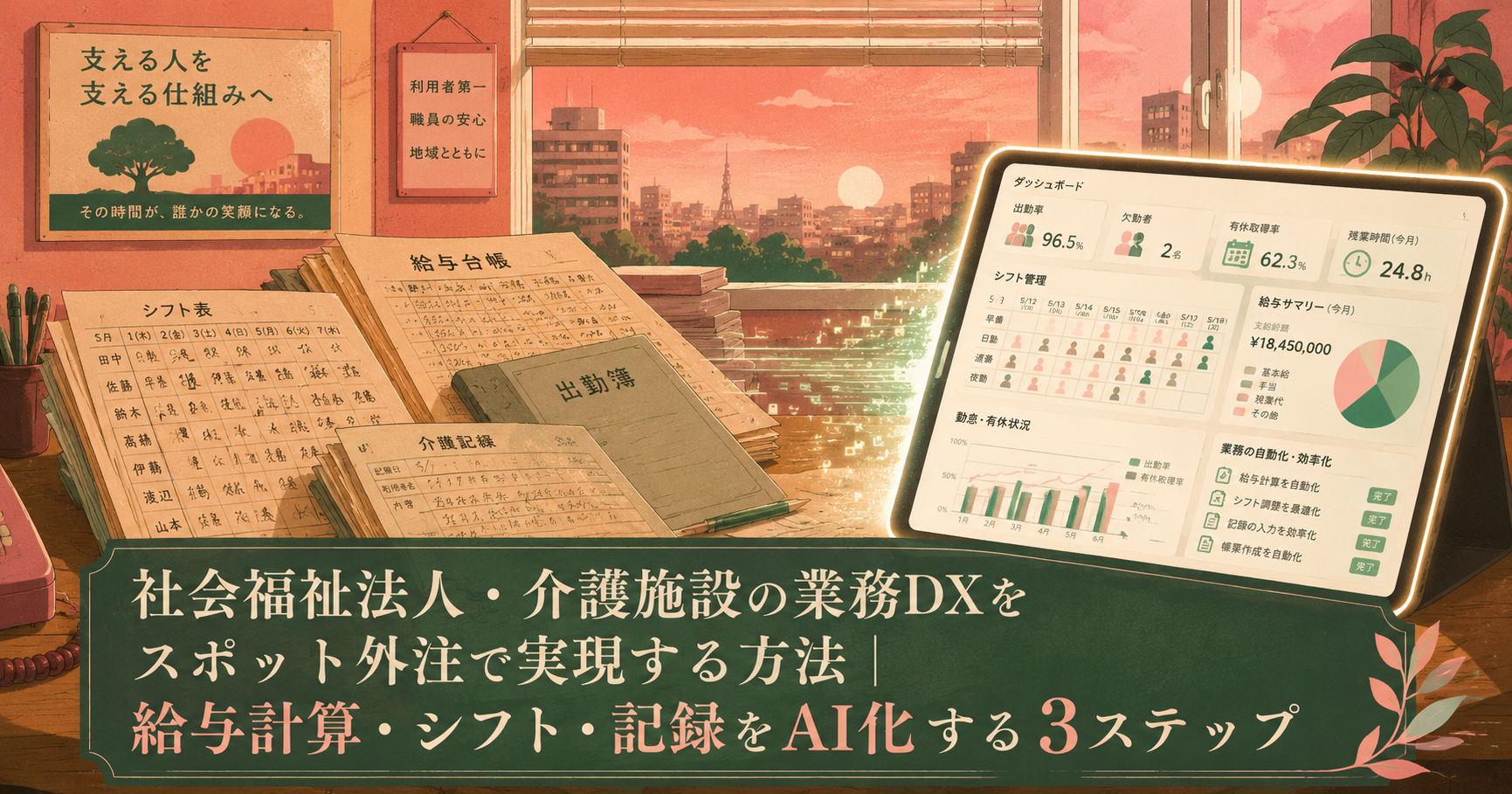 レトロ・シティポップ風イラスト。昭和の施設事務所デスクに積み重なった手書き書類・シフト表・給与台帳が、温かみのある光の中でデジタルのタブレット画面へと変容していく様子。サーモンピンクとフォレストグリーンの配色で変革と希望を表現